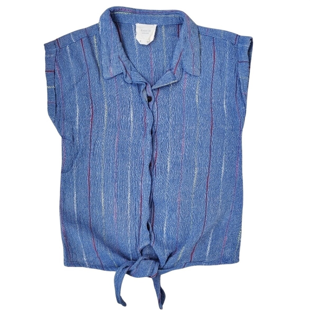 Blue‎ Striped Tie Front Cotton Button Up Top Sleeveless Medium